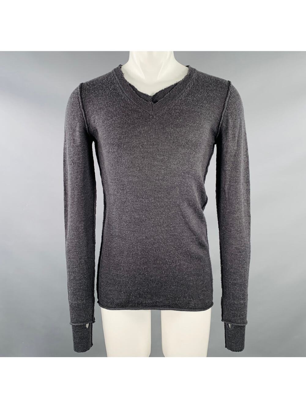 NICE COLLECTIVE Size S Grey Charcoal Knit Merino Wool V-Neck Sweater
